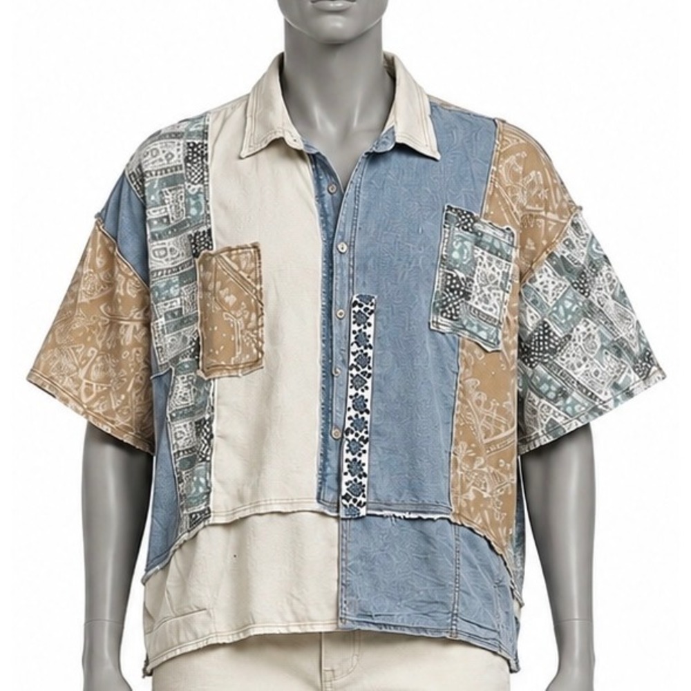 POL Shirt Women Medium Buckle Patchwork Boxy Very Oversized Boho Festival